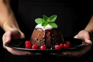 utsökt figgy pudding mörk bakgrund med tömma Plats för text foto