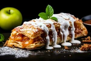 utsökt äpple strudel mörk bakgrund med tömma Plats för text foto