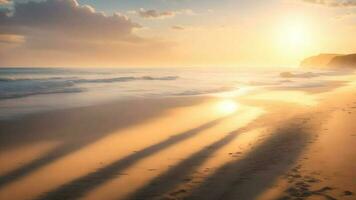 landskap av sommar sand strand över solnedgång himmel värma ljus bakgrund. ai genererad foto