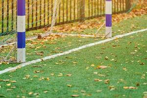 artificiell gräs, sport fält omslag med fotboll mål foto