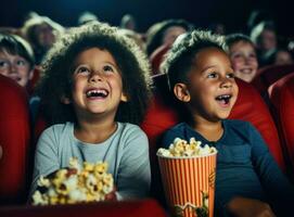 ung barn leende väntar med popcorn på bio foto