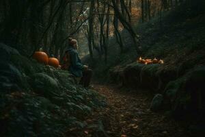 läskigt halloween pumpa i de skog skapas använder sig av generativ ai foto