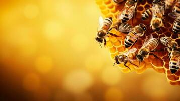 söt svärm av bin arbetssätt på bi vaxkaka bakgrund med tömma Plats för text foto