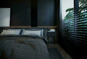interiör av de sovrum är minimal med svart bas toner. 3d illustration tolkning foto