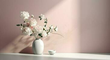 vit keramisk vas med blomning blommor grenar i solljus från fönster på pastell rosa grå vägg skugga på vit golv för dekoration, lyx kosmetisk hudvård skönhet produkt visa foto
