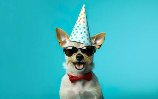 rolig sällskapsdjur firar, söt hund i fest hatt, röd rosett slips och solglasögon över blå bakgrund, bithday baner foto