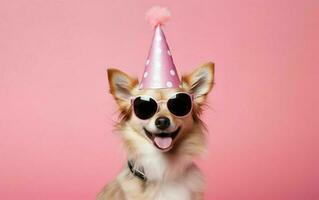 rolig firande, söt hund i fest hatt och solglasögon över rosa bakgrund, sällskapsdjur bithday baner foto