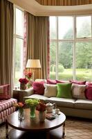 Sammanträde rum dekor, interiör design och hus förbättring, levande rum med stor fönster och rosa Hem dekor accenter i engelsk Land hus och elegant stuga stil, generativ ai foto