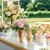 is grädde desserter buffé tabell, händelse mat catering för bröllop, fest och Semester firande, is krämer och blommor dekor i en blommig landsbygden trädgård, generativ ai foto