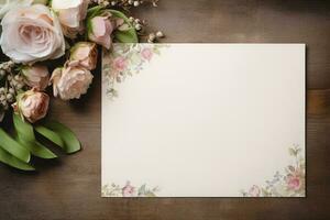 tom papper och blommor på Land rustik trä- tabell bakgrund för tryckbar konst, papper, brevpapper och hälsning kort attrapp foto