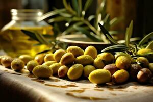 oliv frukt i de kök tabell mat fotografi ai genererad foto