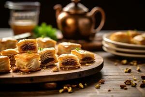 baklava i de kök tabell mat fotografi ai genererad foto