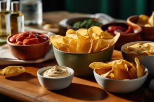 pommes frites och dips i de kök tabell mat fotografi ai genererad foto