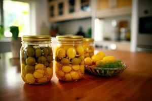 konserverad frukt i de kök tabell mat fotografi ai genererad foto