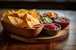 pommes frites och dips i de kök tabell mat fotografi ai genererad foto