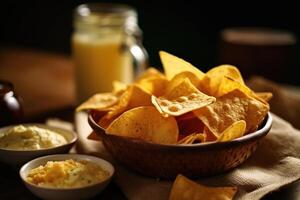 pommes frites och dips i de kök tabell mat fotografi ai genererad foto