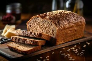 stock Foto av hela spannmål bröd i kök tabell platt lägga ai genererad