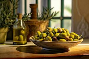 oliv frukt i de kök tabell mat fotografi ai genererad foto