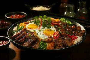 nasi goreng indonesiska traditionell mat. friterad ris kyckling med ägg och kryddad kryddor förbi fräsning begrepp förbi ai genererad foto