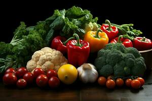 samling blanda färsk grönsaker och frukt för en sallad. friska diet begrepp och grönsaker mat förbi ai genererad foto