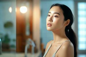 attraktiv friskhet asiatisk kvinna rena ansikte färsk vatten med vård se till spegel i badrum Hem begrepp förbi ai genererad foto