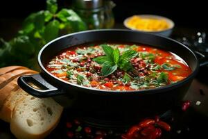 en utsökt minestrone soppa mat i en skål. italiensk mat och friska protein soppa måltid begrepp förbi ai genererad foto