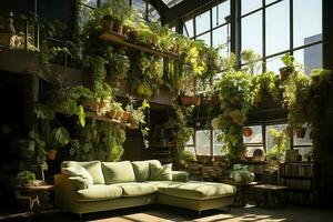 trädgård eller jätte växt överväxande av lägenhet inuti. stil av levande rum design med grön väggkoncept förbi ai genererad foto