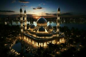grymt bra byggnader av moské i ramadan vibrafon. ramadan kareem eid mubarak islamic moské begrepp förbi ai genererad foto