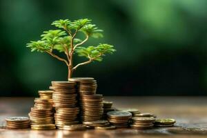 företag tillväxt med en växande träd på en mynt. som visar finansiell utvecklingen. finansiell planera begrepp förbi ai genererad foto