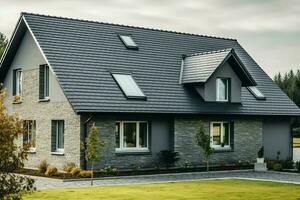 en modern privat hus är täckt med metall plattor takläggning eller grå skiffer tak. årgång böjd ram begrepp förbi ai genererad foto