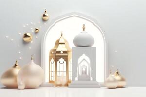 eid mubarak och ramadan kareem hälsningar med islamic lykta och moskén. eid al fitr bakgrund. eid al fitr bakgrund av fönster begrepp förbi ai genererad foto