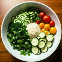 färsk, grön frukt och grönsaker i en skål, friska och organisk ai generativ foto
