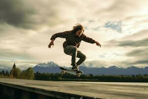 en caucasian man håller på med knep eller Hoppar på en skateboard på de gata. ung man med skater Hoppar begrepp förbi ai genererad foto