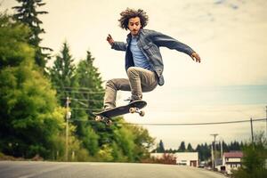 en caucasian man håller på med knep eller Hoppar på en skateboard på de gata. ung man med skater Hoppar begrepp förbi ai genererad foto