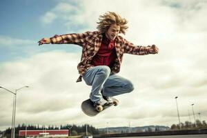 en caucasian man håller på med knep eller Hoppar på en skateboard på de gata. ung man med skater Hoppar begrepp förbi ai genererad foto