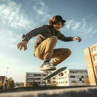 en caucasian man håller på med knep eller Hoppar på en skateboard på de gata. ung man med skater Hoppar begrepp förbi ai genererad foto