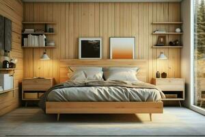 modern sovrum interiör design i lägenhet eller hus med möbel. lyx sovrum scandinavian begrepp förbi ai genererad foto