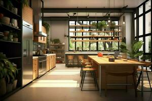 modern kök interiör design i lägenhet eller hus med möbel. lyx kök Hem scandinavian begrepp förbi ai genererad foto