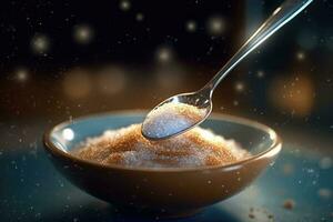 skopa av socker i en brun skål foto