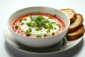 en utsökt tomat soppa mat i en skål. vinter- mat och friska protein soppa måltid begrepp förbi ai genererad foto