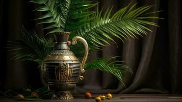 en skön dekorativ gammal vas Sammanträde på en trä- tabell. de vas är Utsmyckad med handflatan löv och en mängd av exotisk frukter, skapande ett konstnärlig och iögonfallande visa. foto