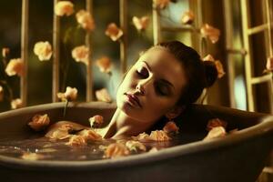 en kvinna liggande i en badkar, henne kropp nedsänkt i vatten, medan hon åtnjuter en avkopplande ögonblick. de bad är fylld med kronblad från blommor, tillsats en Rör av roman och naturlig skönhet till de scen. foto