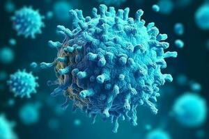 virus celler eller bakterie mot en blå bakgrund. flera olika realistisk coronavirus partiklar flytande begrepp förbi ai genererad foto