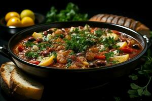 en utsökt minestrone soppa mat i en skål. italiensk mat och friska protein soppa måltid begrepp förbi ai genererad foto