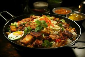 nasi goreng indonesiska traditionell mat. friterad ris kyckling med ägg och kryddad kryddor förbi fräsning begrepp förbi ai genererad foto