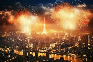skön fyrverkeri visa med stadsbild på natt för firande Lycklig ny år. fyrverkeri visa begrepp förbi ai genererad foto