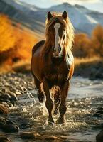 en vild häst löpning i de bäck. vild eller bruka djur begrepp förbi ai genererad foto