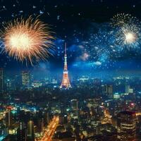 skön fyrverkeri visa med stadsbild på natt för firande Lycklig ny år. fyrverkeri visa begrepp förbi ai genererad foto