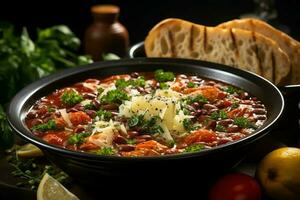 en utsökt minestrone soppa mat i en skål. italiensk mat och friska protein soppa måltid begrepp förbi ai genererad foto