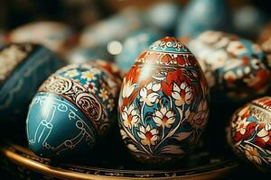 påsk dag begrepp i levande rum med kanin, sötsaker eller många färgrik dekorativ påsk ägg. målad ägg på sugrör bo och blomma. påsk firande. påsk dag bakgrund förbi ai genererad foto